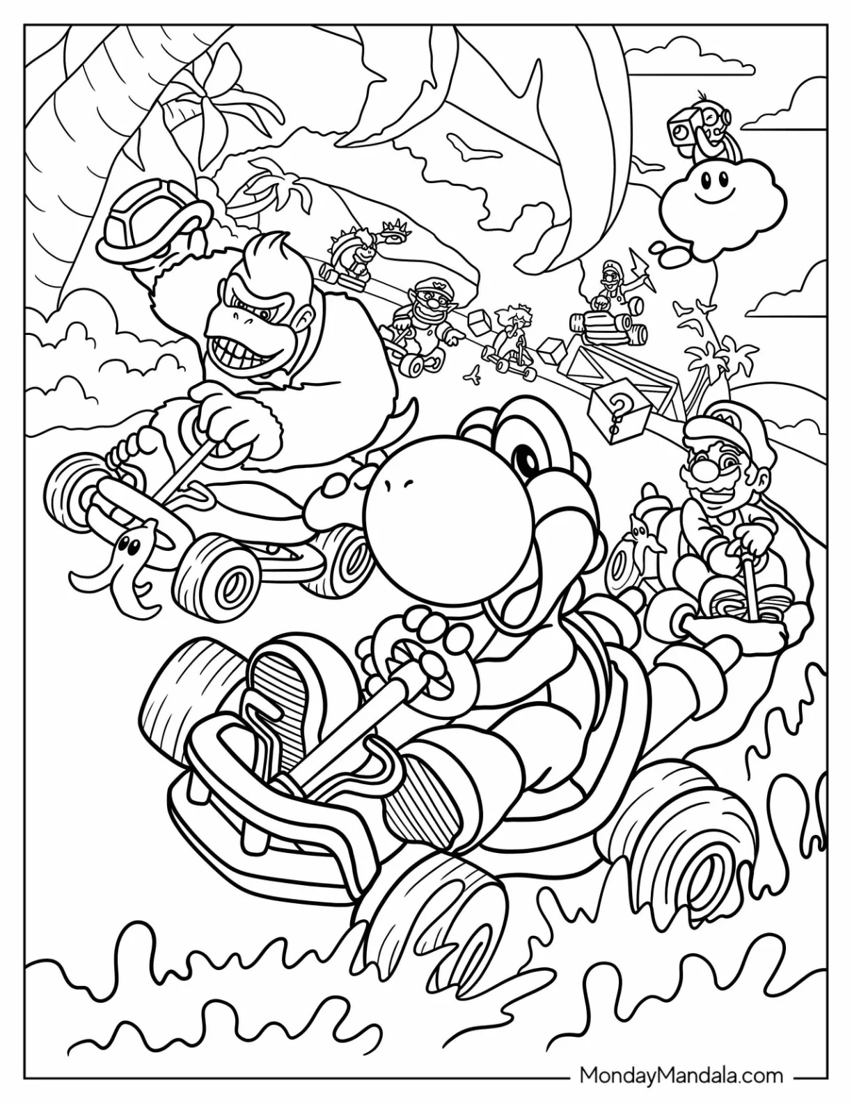 Nintendo Coloring Page Of Mario Kart With Yoshi, Donkey Kong, And Mario coloring page