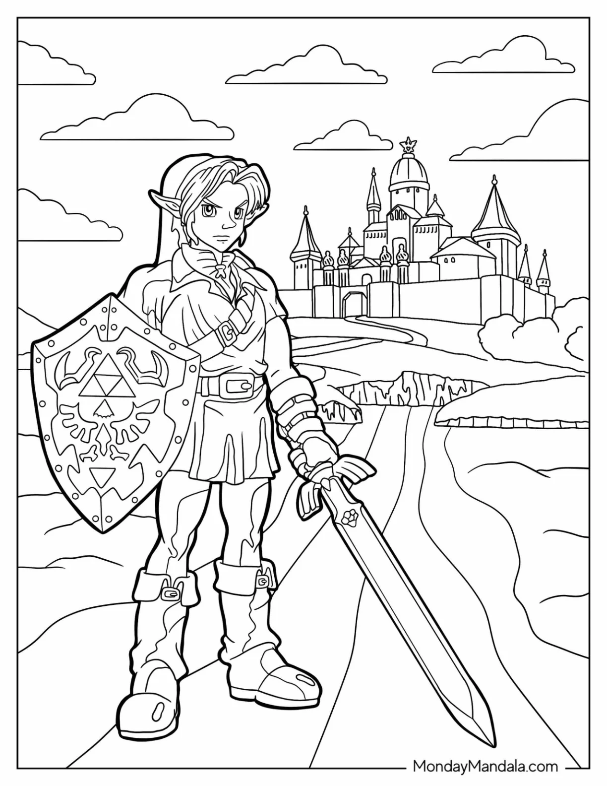 Nintendo Coloring Page Of Zelda Standing In Front Of Castle coloring page