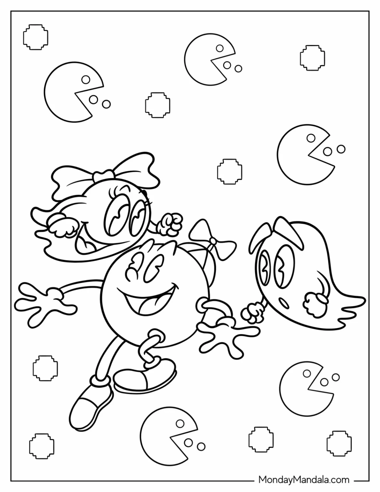 Blinky And Clyde Ghosts Chasing Pac-Man Coloring Page coloring page — printable line art