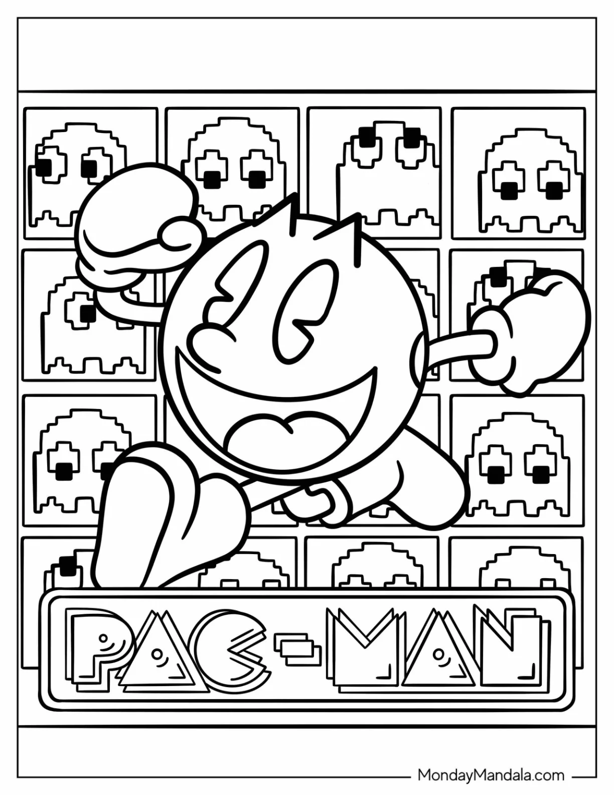 Detailed Pac-Man Coloring Page Running With Ghost Icons In Background Poster coloring page