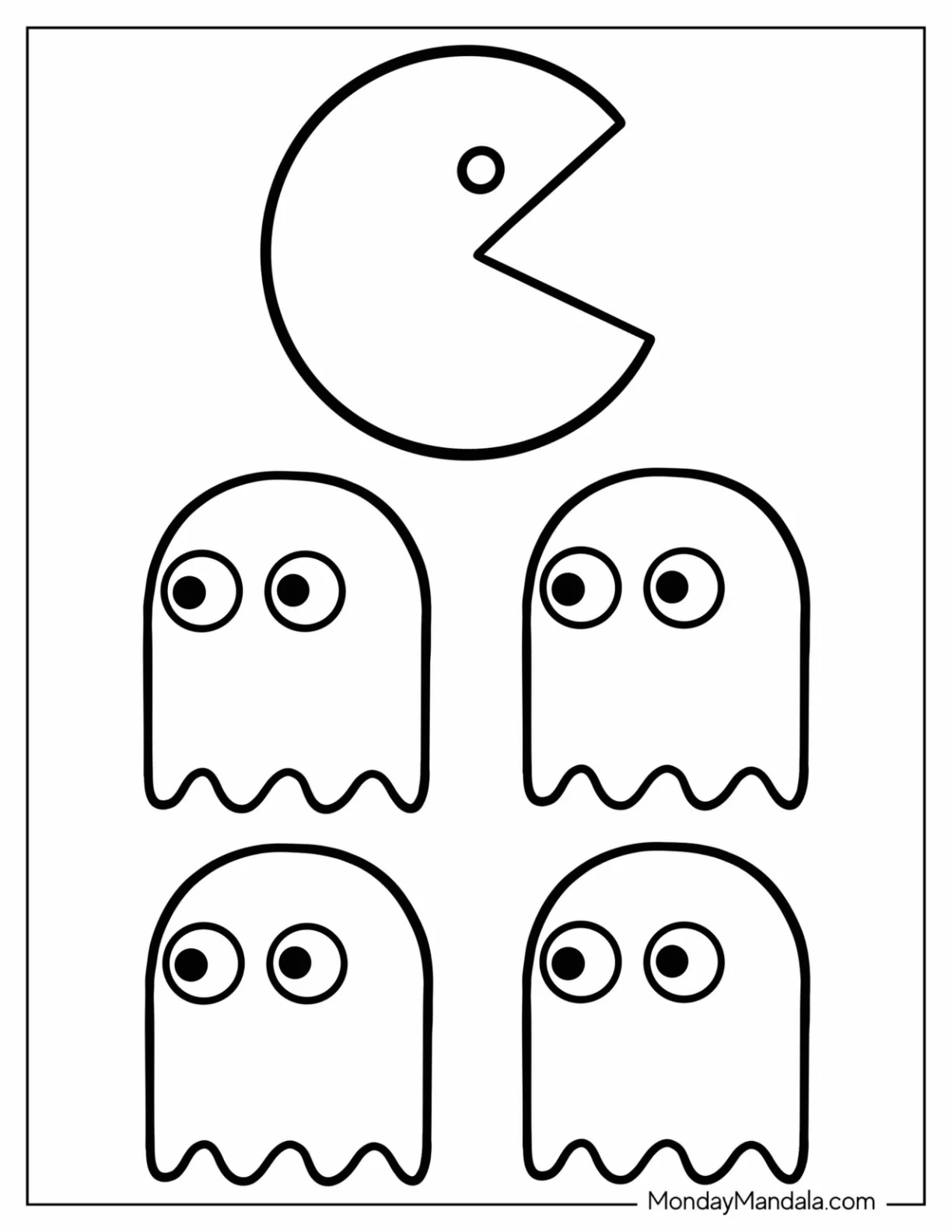 Iconic Pac-Man Coloring Page And Ghosts Outline For Preschoolers coloring page
