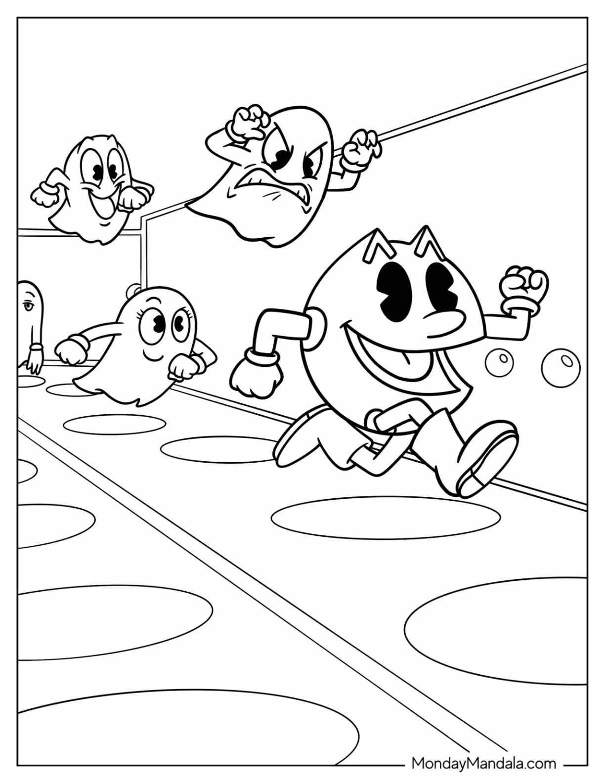 Inky, Blinky, Pinky, And Clyde Ghosts Chasing Pac-Man Coloring Page In Maze coloring page