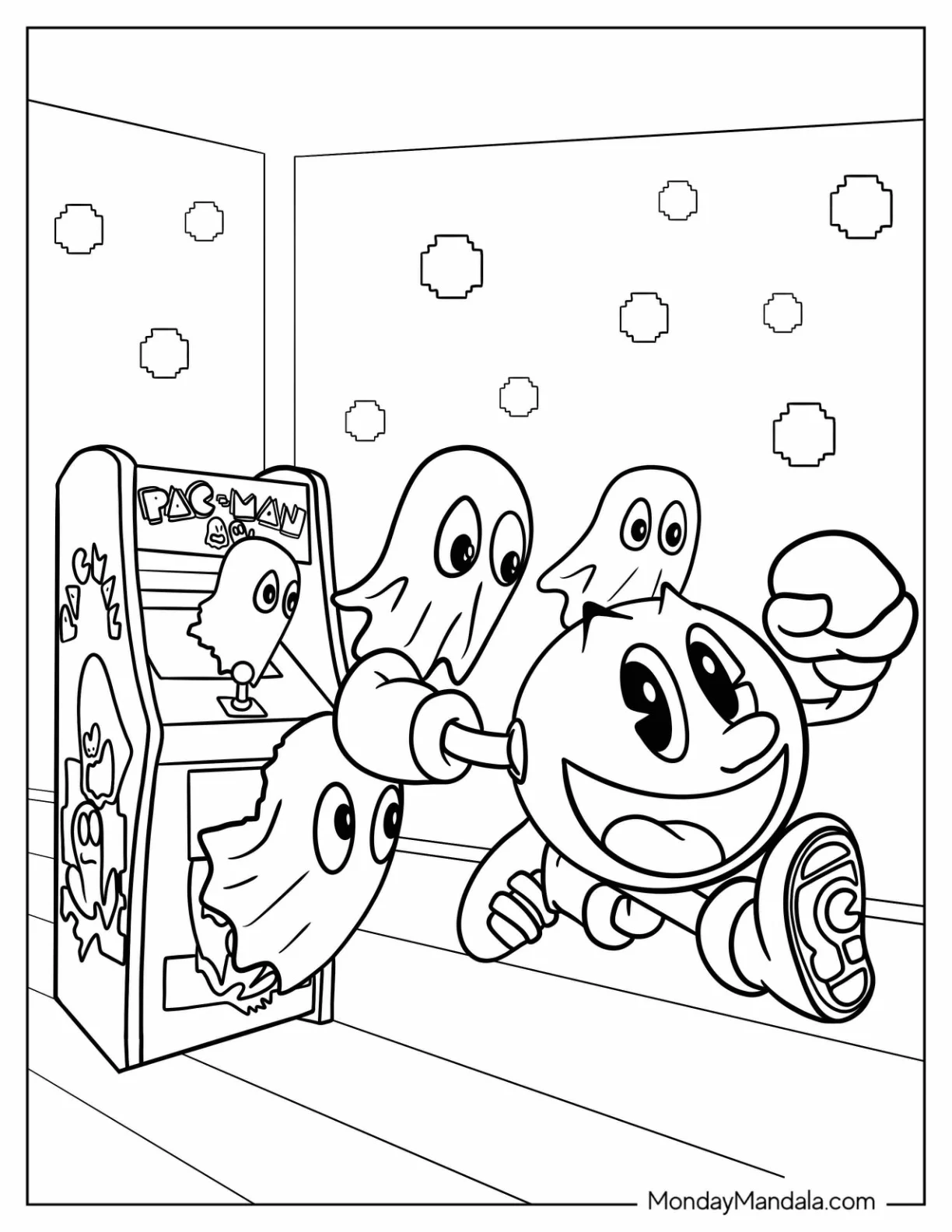 Pac-Man Coloring Page And Ghosts Leaping Out Of Arcade Machine coloring page