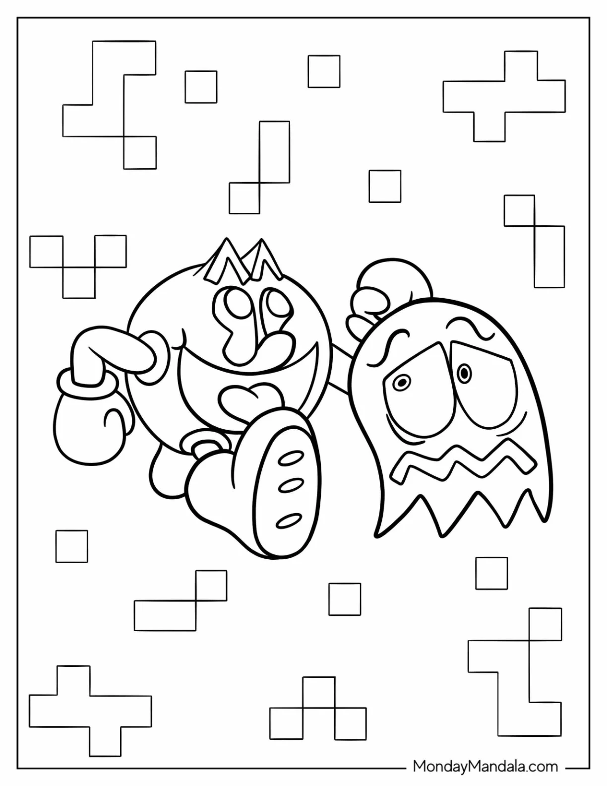 Pac-Man Coloring Page Running Towards Cyan Ghost coloring page — printable line art