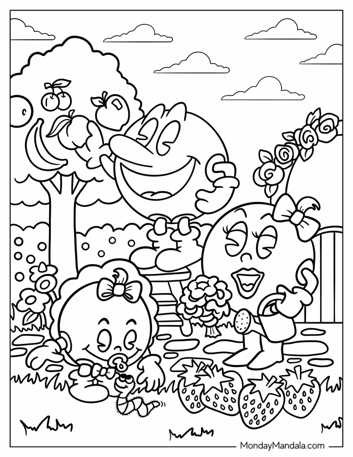 Pac Man With Mrs. Pac-Man Coloring Page And Baby In The Garden coloring page — printable line art