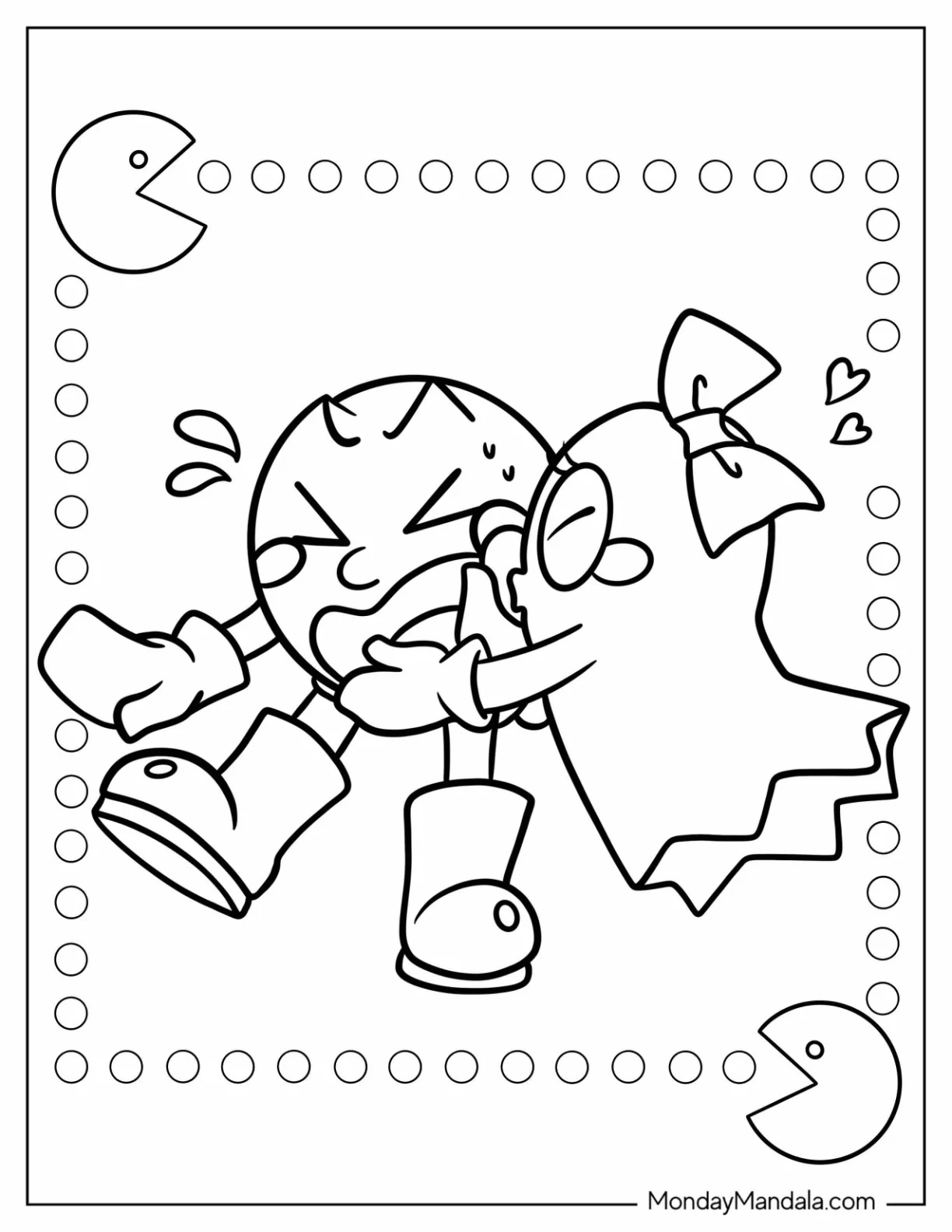 Pinky Ghost Kissing Pac-Man Coloring Page On The Cheek coloring page