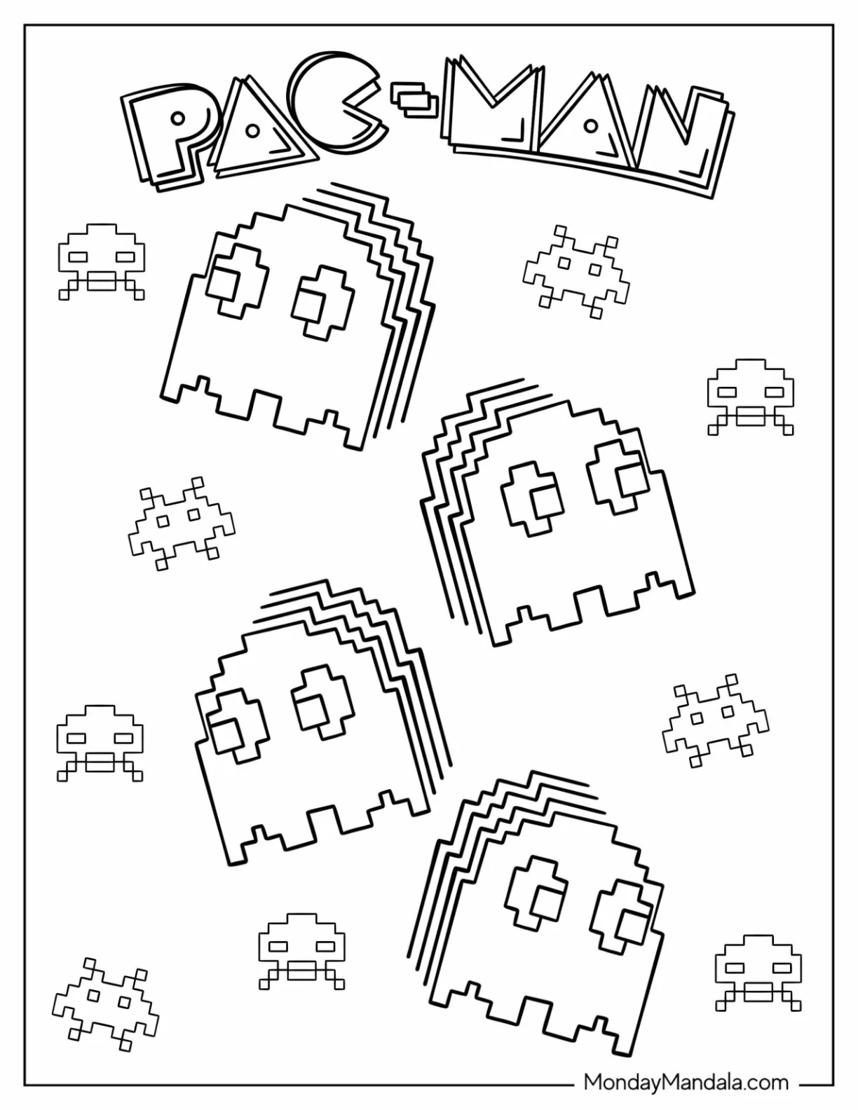 Retro Pixelated Pac-Man Coloring Page Ghosts coloring page