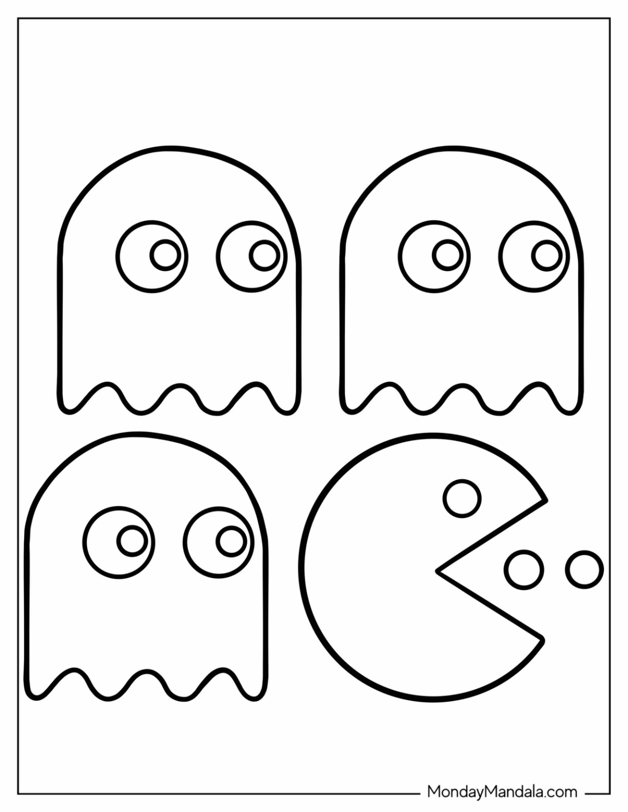 Simple Ghosts And Pac-Man Coloring Page Eating Dots coloring page
