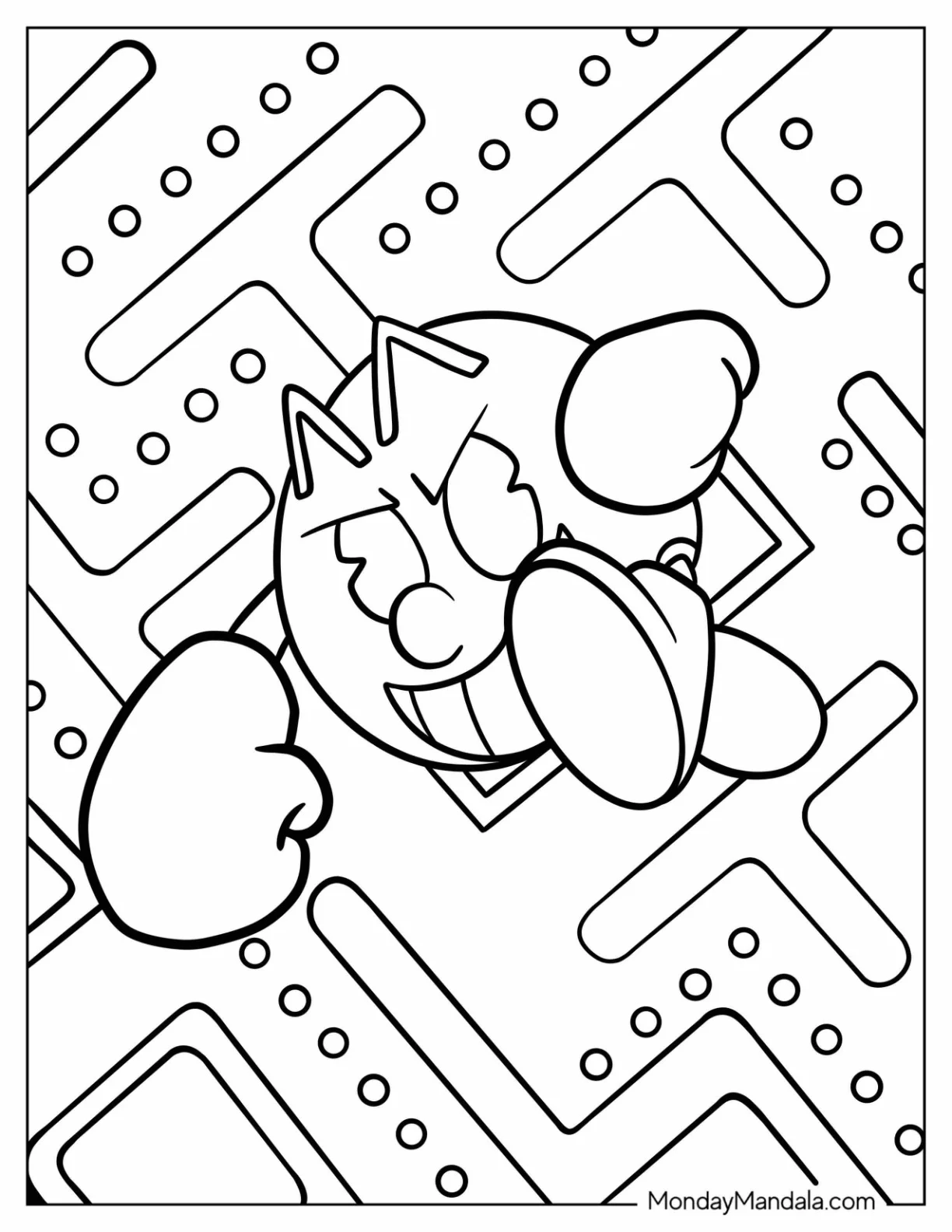 Smirking Pac-Man Coloring Page With Maze In Background coloring page — printable line art