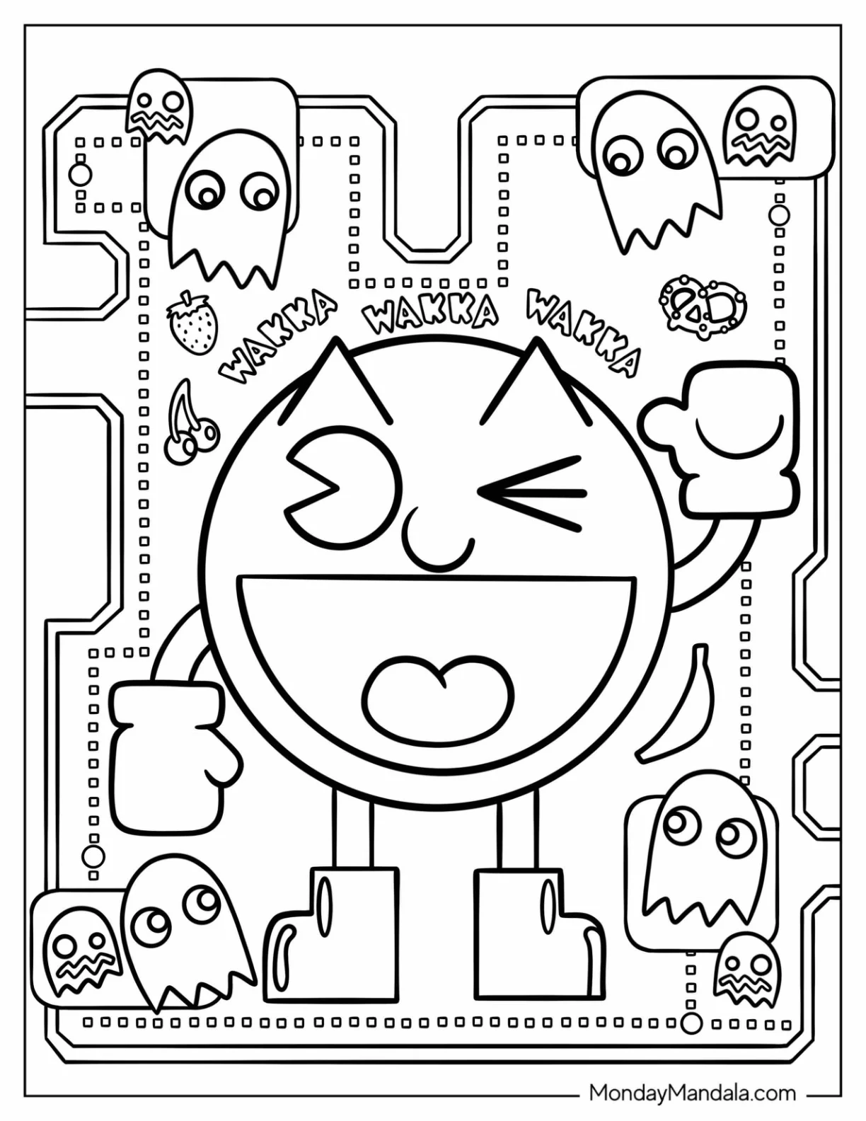 Victorious Pac-Man Coloring Page Winking With Ghosts In Background coloring page