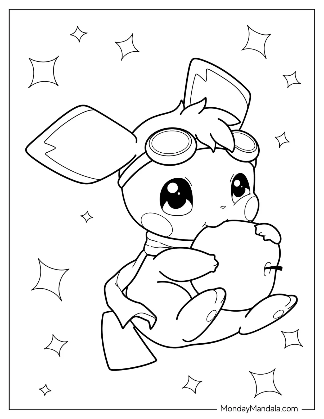 Adorable Pichu Coloring Page Wearing Goggles And Biting An Apple coloring page