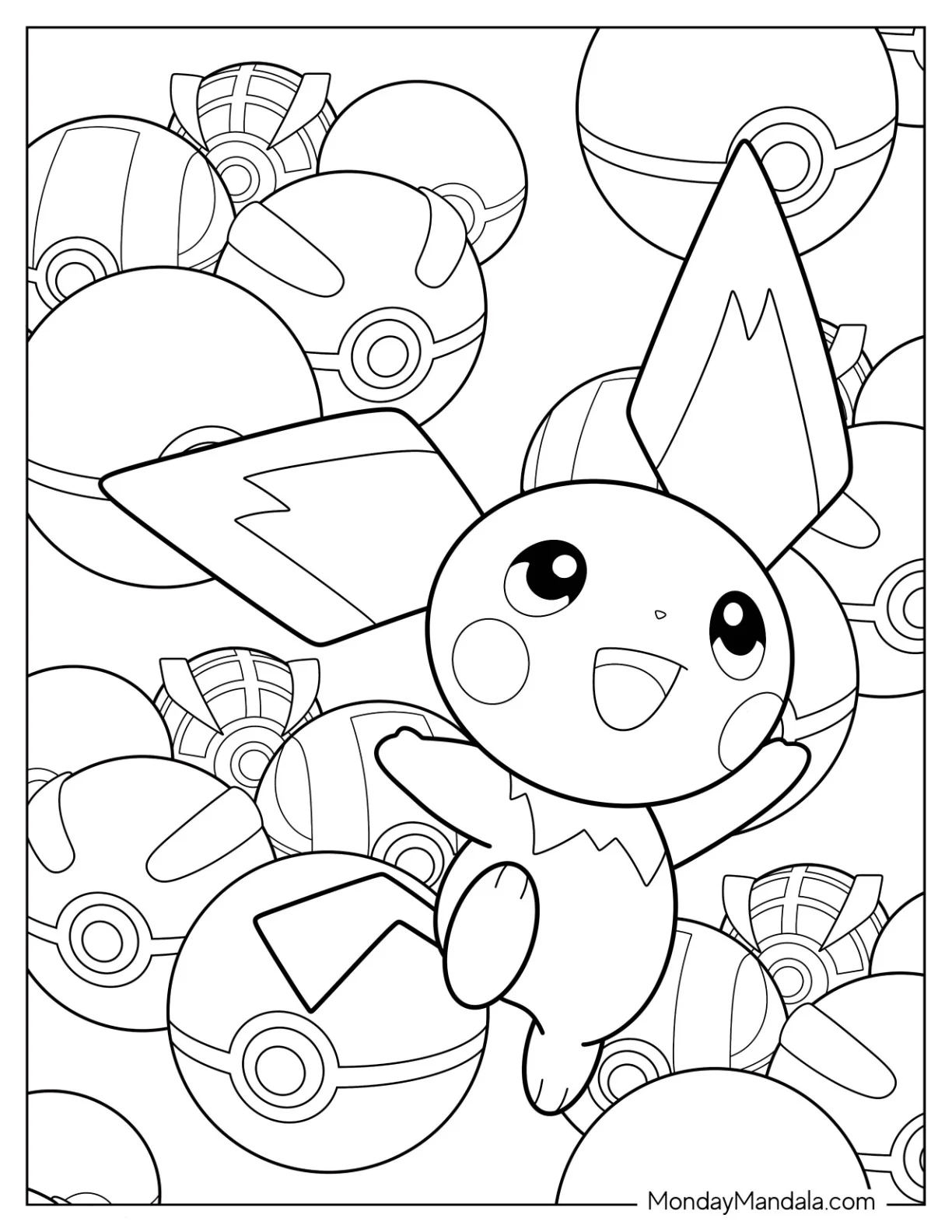 Kawaii Pichu Coloring Page With Pokeballs In The Background coloring page