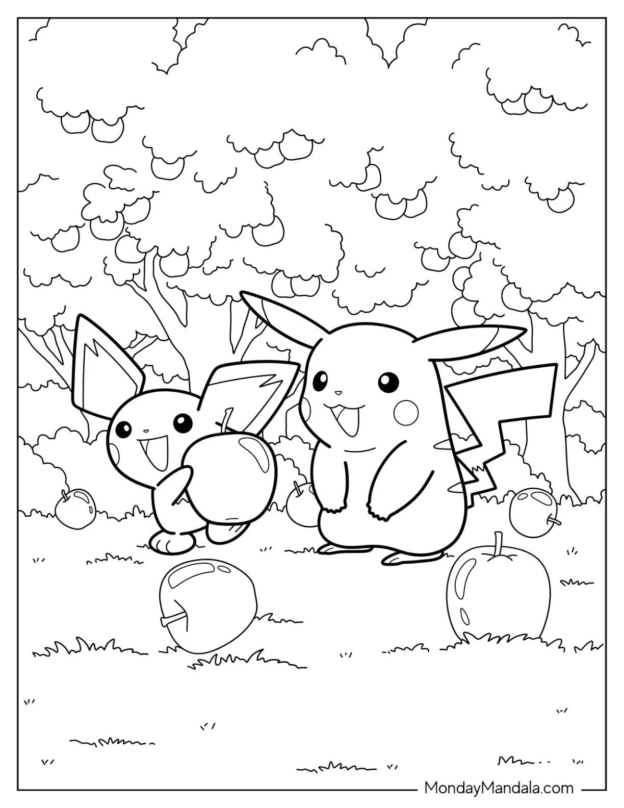 Pichu Coloring Page Collecting Apples With Pikachu For Kids coloring page