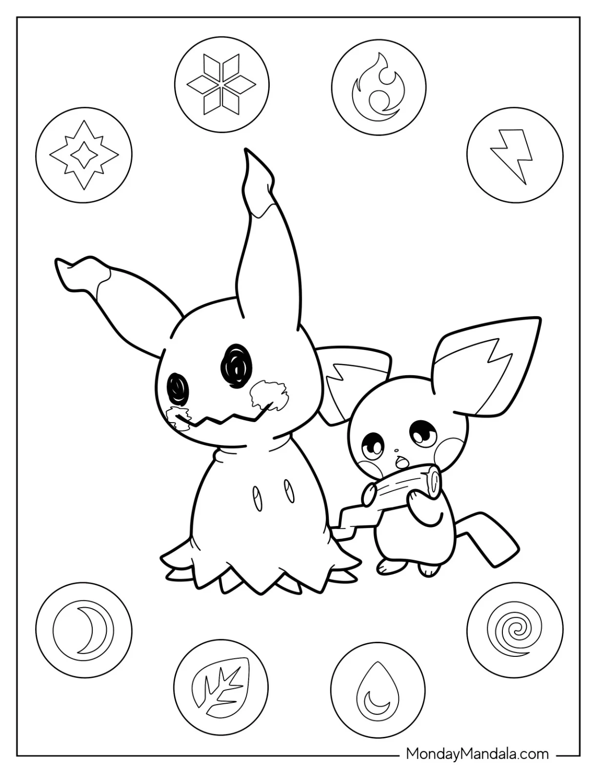 Pichu Coloring Page Holding Mimikyu s Tail coloring page