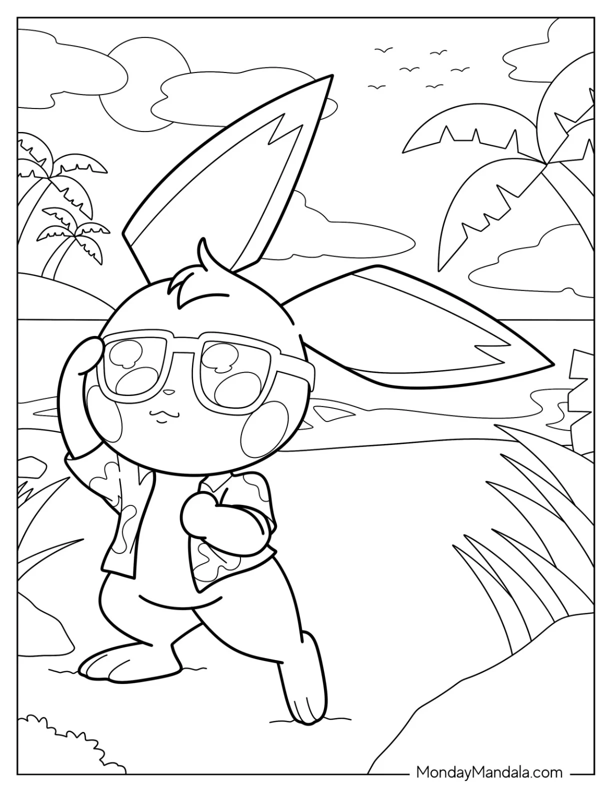 Pichu Coloring Page In Sunglasses And Hawaiian Shirt At The Beach coloring page