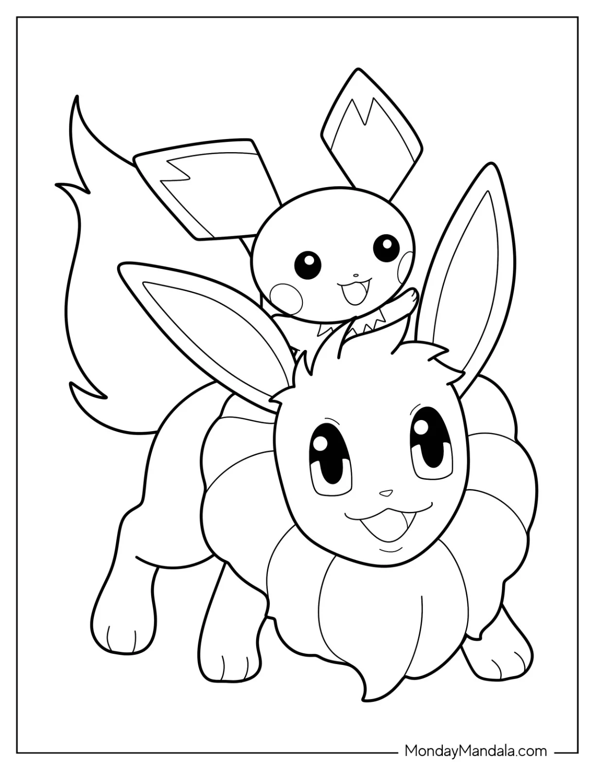 Simple Pichu Coloring Page Riding Eevee coloring page