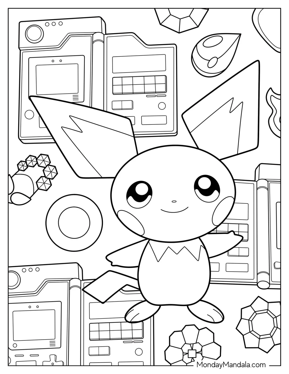 Smiling Pichu Coloring Page With Game Boy In The Background coloring page