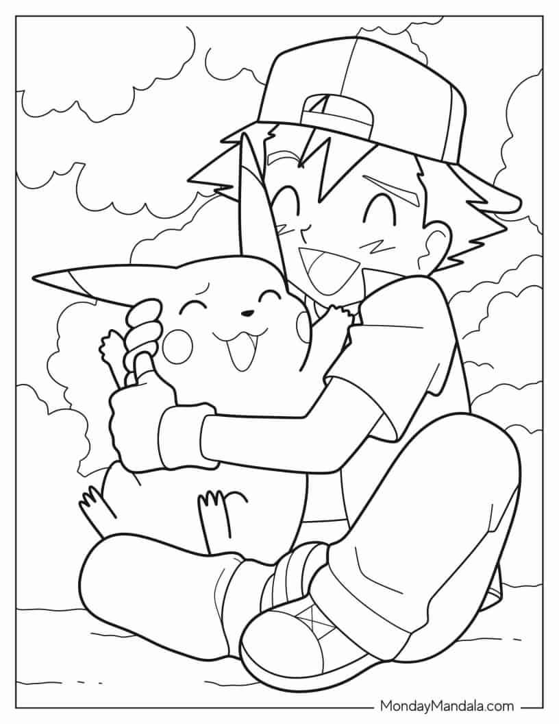 Coloring Page Of Ash Embracing Pikachu coloring page — printable line art