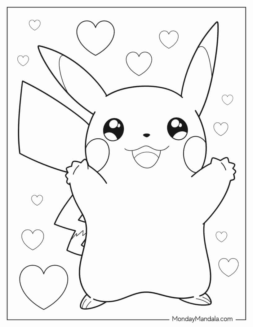 Coloring Sheet Of Cute Pikachu With Arms Up coloring page