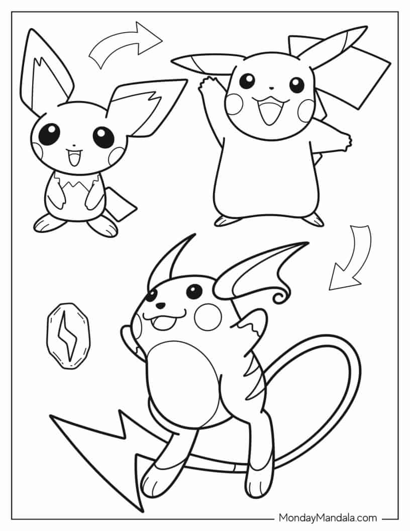 Coloring Sheet Of Pichu, Raichu, And Pikachu For Kids coloring page