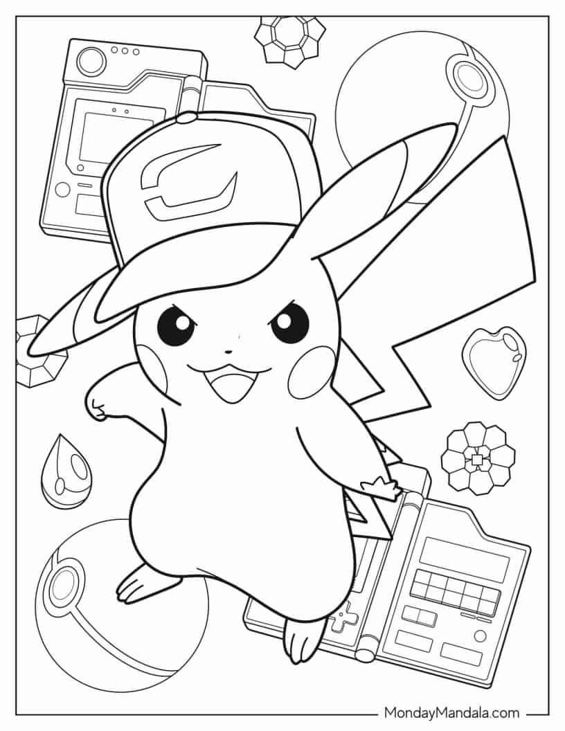 Coloring Sheet Of Pikachu Wearing Cap coloring page