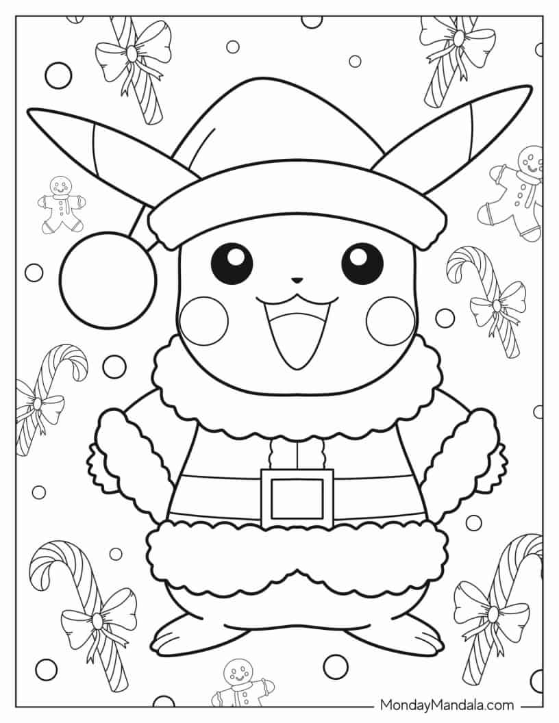 Cute Pikachu Wearing Santa Hat Christmas Coloring Sheet coloring page