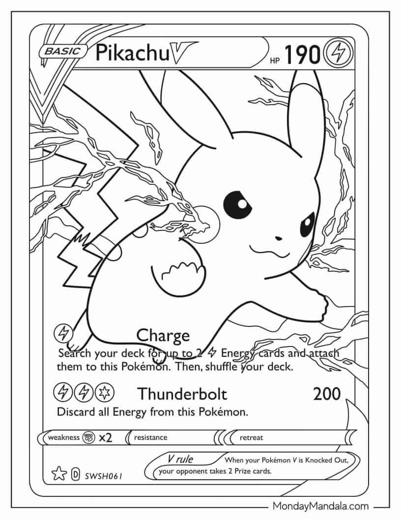 Detailed Pikachu Pokemon Card coloring page — printable line art
