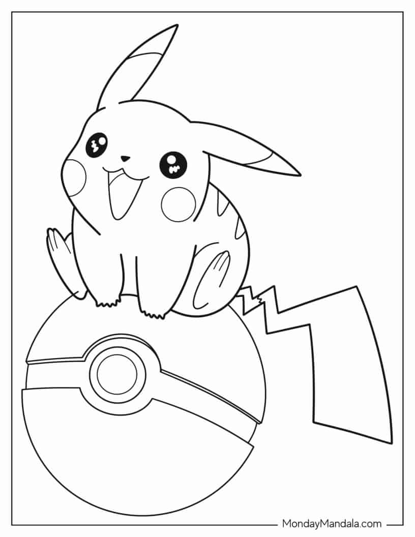 Kawaii Pikachu Sitting On Pokeball Coloring Sheet coloring page — printable line art