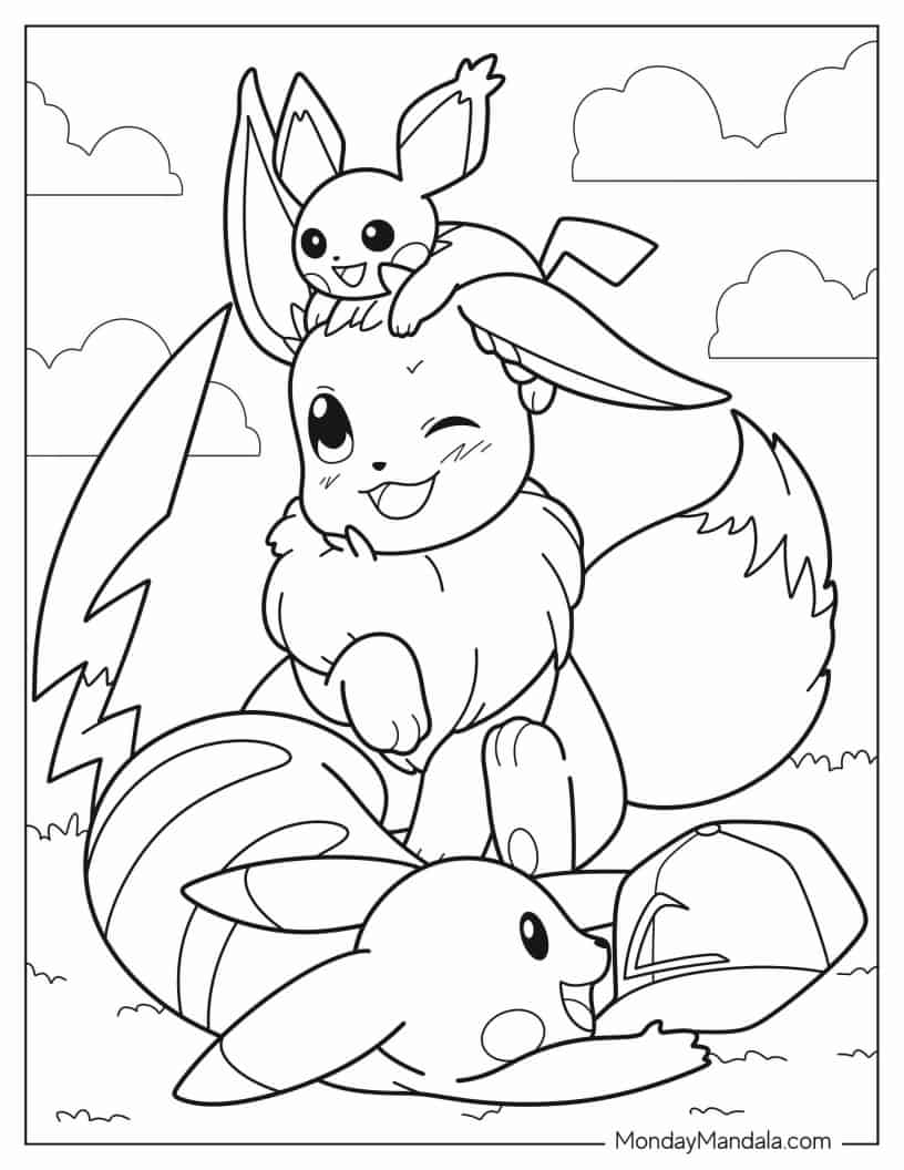 Pichu, Eevee, And Pikachu Playing Together coloring page — printable line art