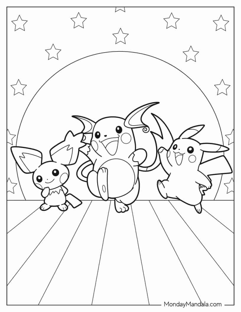 Pichu, Raichu, And Pikachu Dancing coloring page