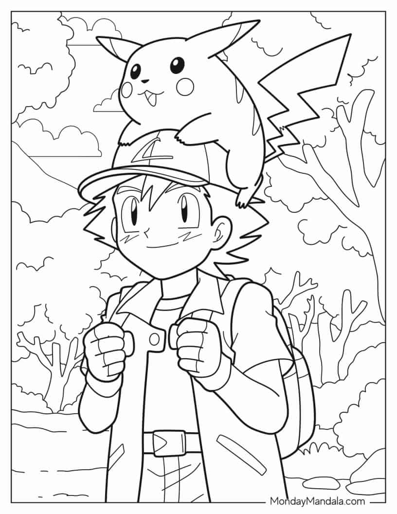 Pikachu And Ash In The Forest coloring page