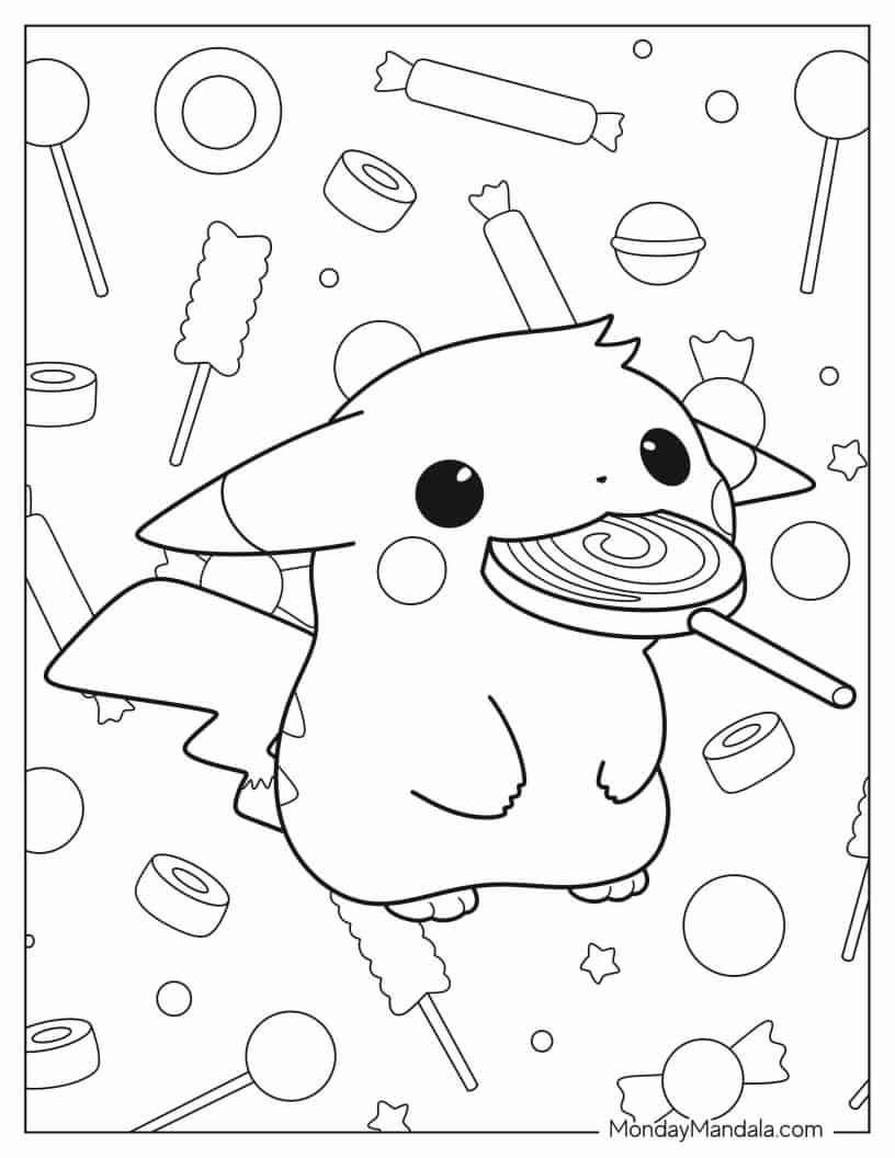 Pikachu Eating Lollipop Coloring In coloring page — printable line art