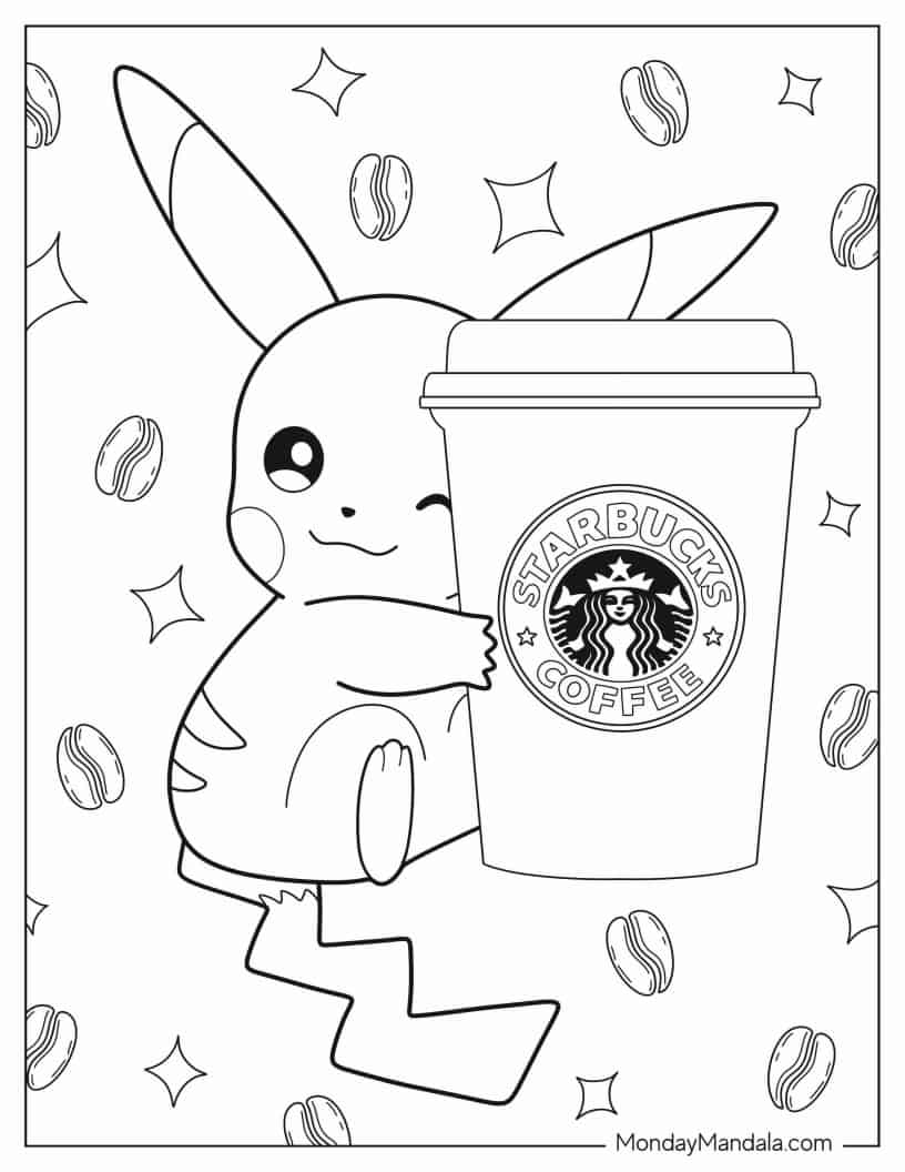 Pikachu Hugging Starbucks Cup coloring page — printable line art