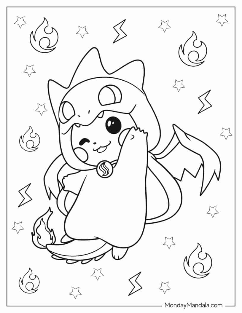 Pikachu In Charizard Costume Coloring Sheet coloring page
