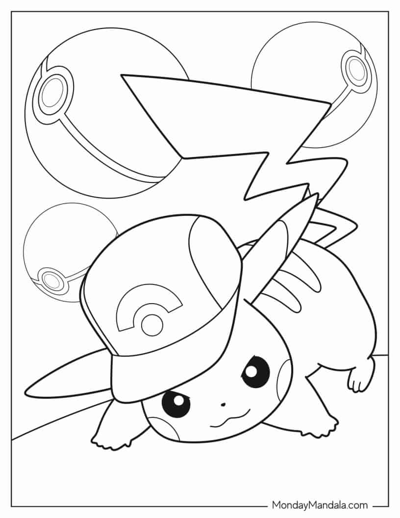 Pikachu Wearing Cap On Fighting Stance Coloring In coloring page