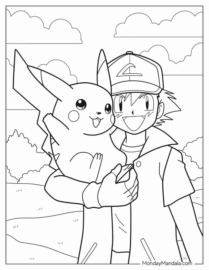 Simple Outline Of Ash Carrying Pikachu Coloring Page coloring page