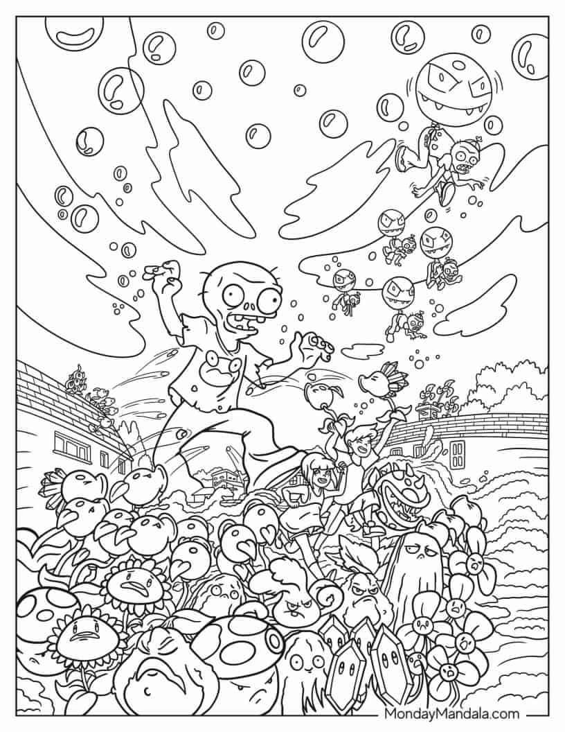 Full Page Of Zombies Battling The Plants coloring page — printable line art