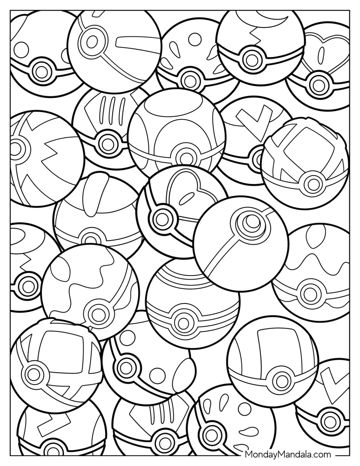 Full Page Pokéball Coloring Page In Different Designs coloring page