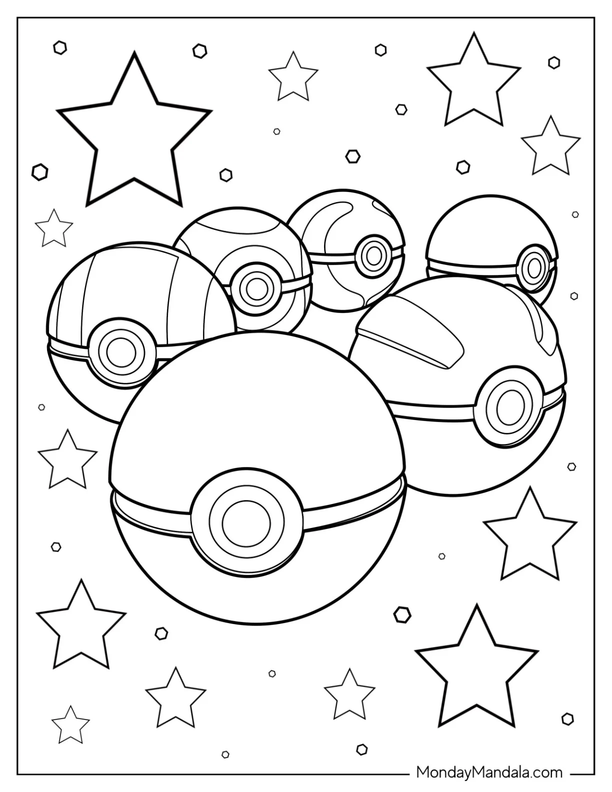 Pokéball Coloring Page Varieties Surrounded By Stars coloring page