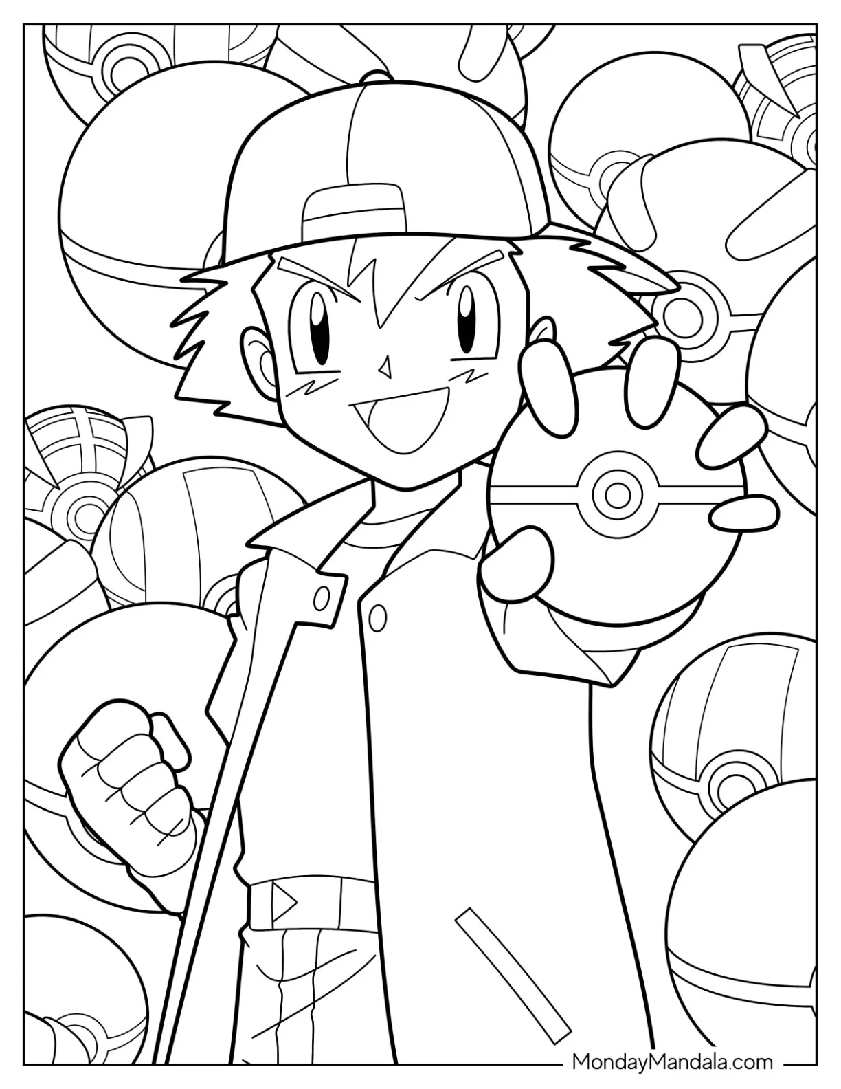 Pokemon Trainer Ash Holding Up A Pokéball Coloring Page coloring page