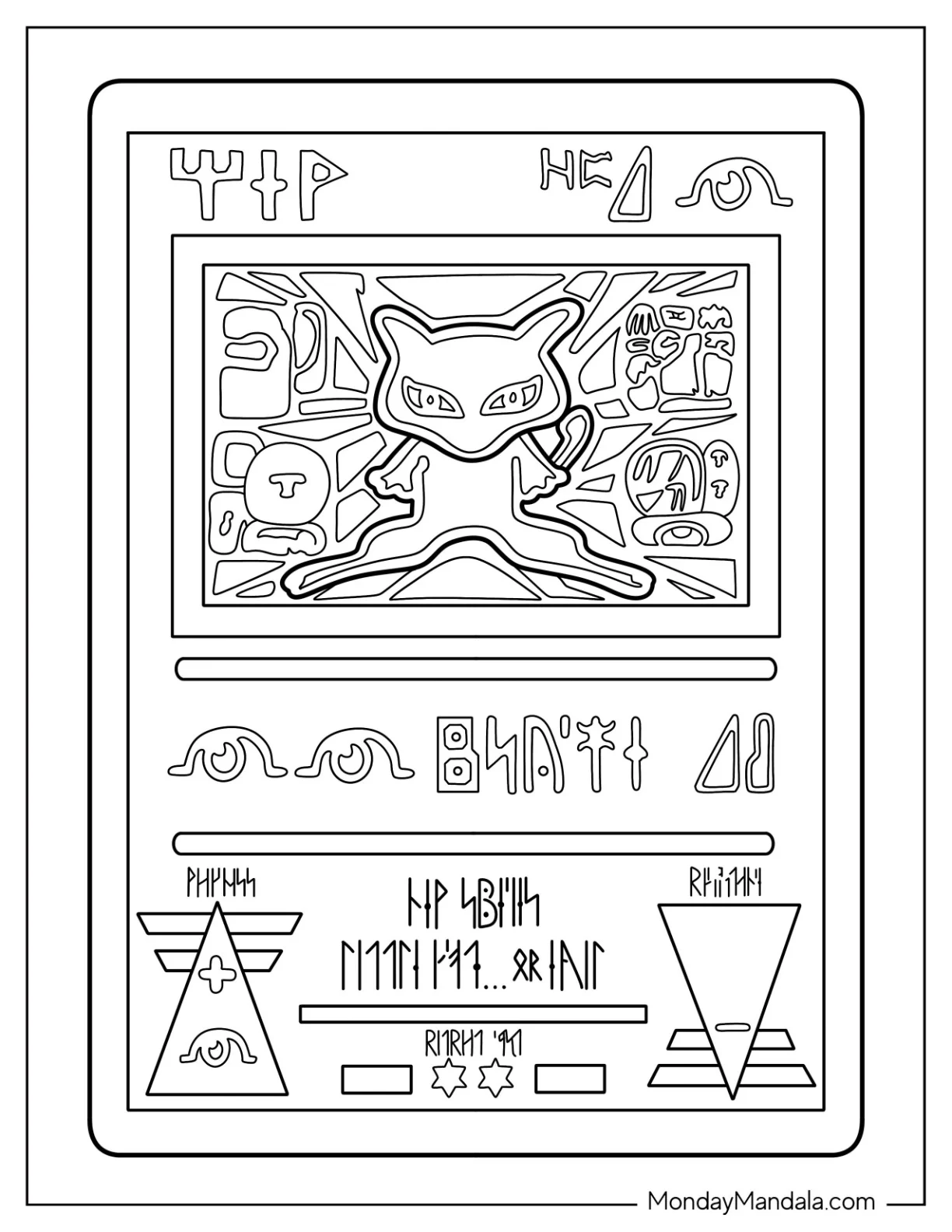 Ancient Mewtwo hieroglyphs Pokemon Card coloring page — printable line art