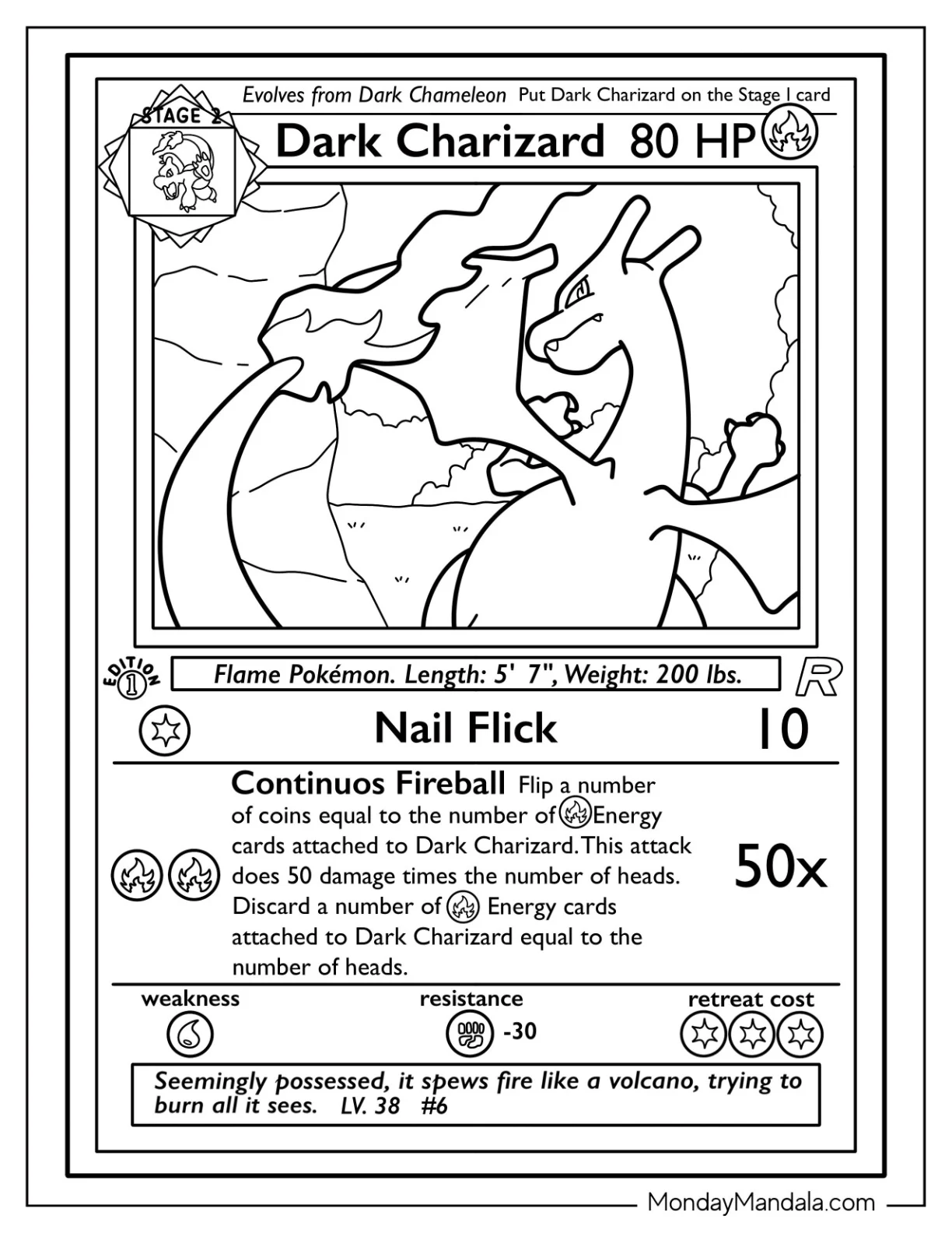 Dark Charizard Nail Flick Pokemon Card Coloring Page coloring page — printable line art