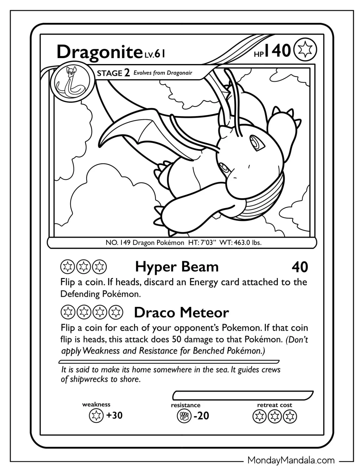 Dragonite Hyper Beam Pokemon Card Coloring Page coloring page — printable line art