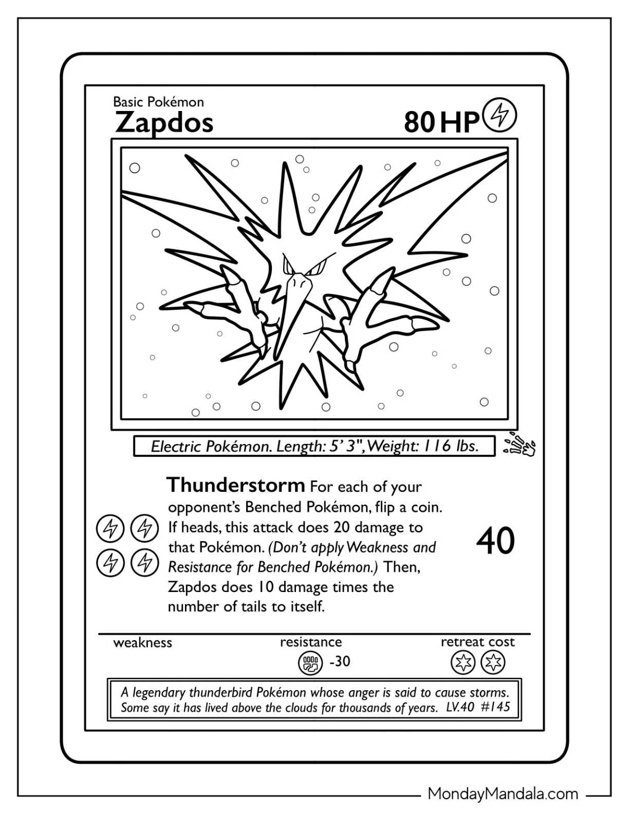 Easy Zapdos Thunderstorm Pokemon Card Coloring Sheet For Kids coloring page