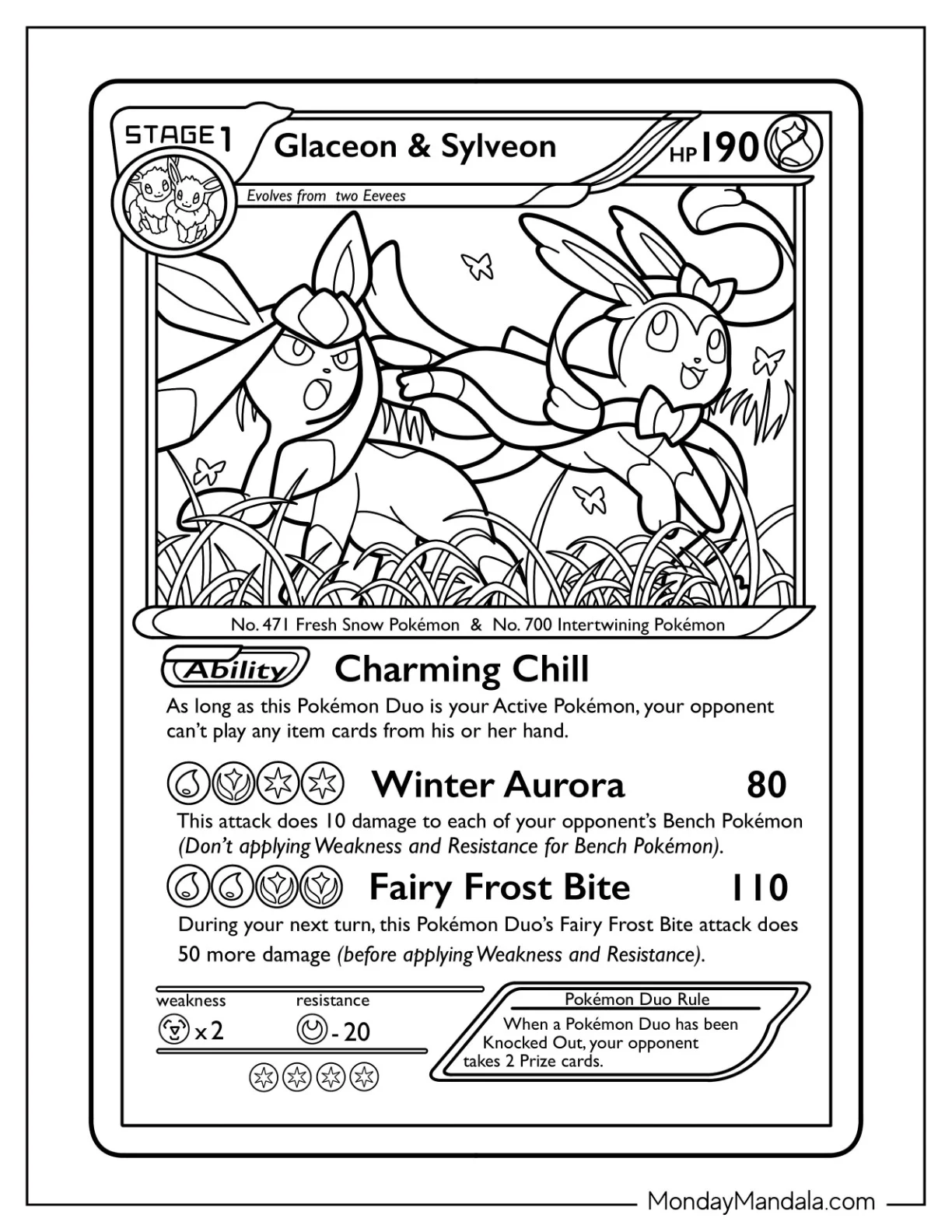 Glaceon And Sylveon Charming Chill Pokemon Card coloring page — printable line art