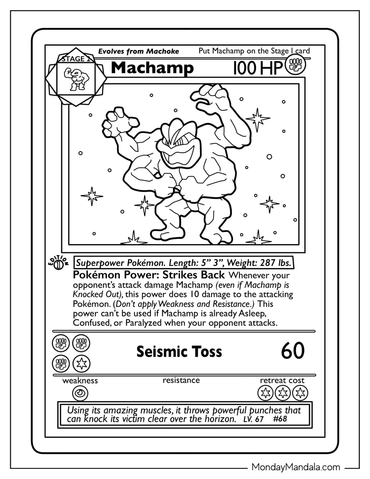 Machamp Seismic Toss Pokemon Card Coloring Page For Kids coloring page — printable line art