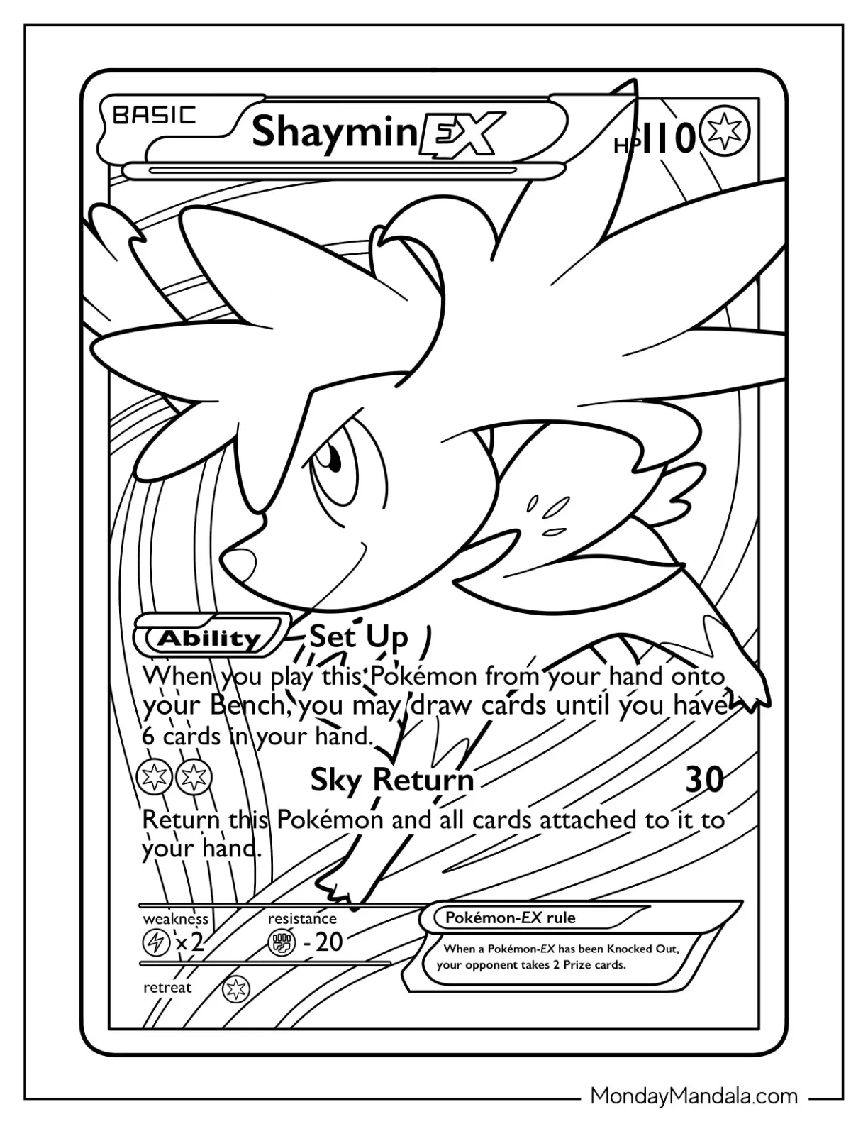 Shaymin EX Set Up Pokemon Card coloring page — printable line art