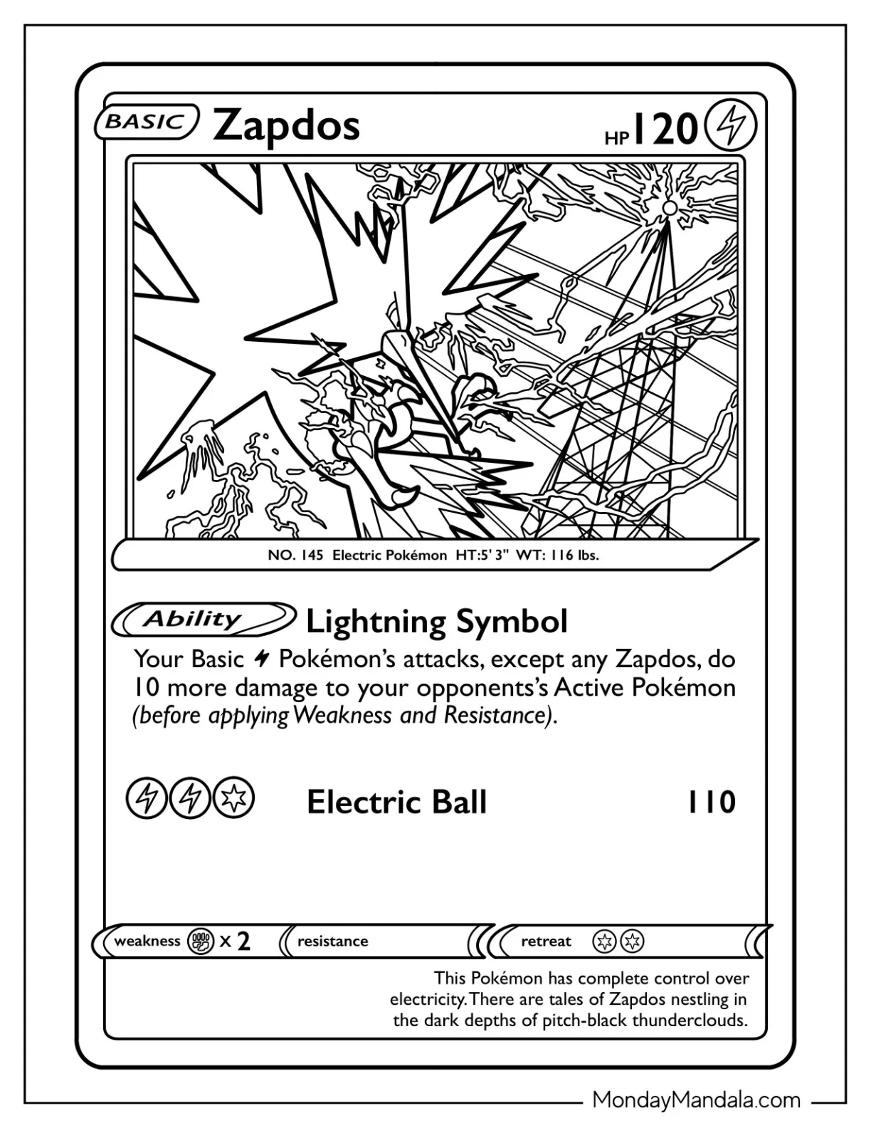Zapdos Lightning Symbol Pokemon Card Coloring Page coloring page