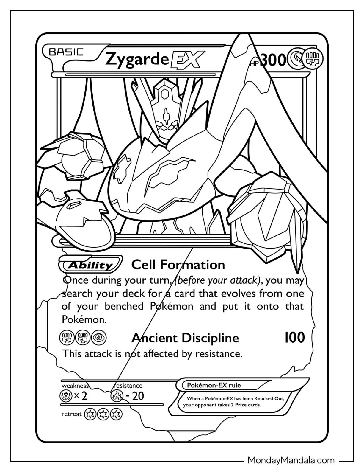 Zygarde EX Cell Formation Pokemon Card Coloring Sheet coloring page — printable line art