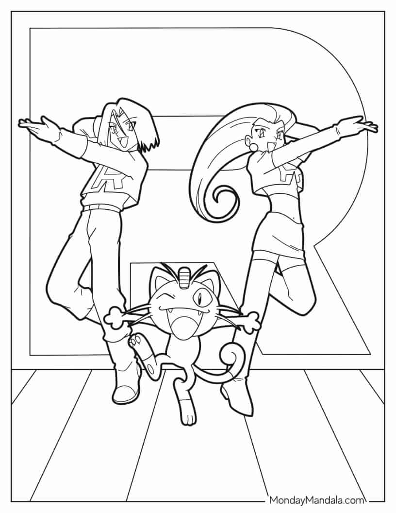 Team Rocket Jessie, James, and Meowth Coloring Page coloring page